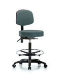 Vinyl Stool with Back - High Bench Height with Chrome Foot Ring & Casters in Colonial Blue Trailblazer Vinyl VHBST-RG-T0-CF-RC-8546