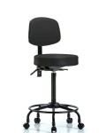 Vinyl Stool with Back - High Bench Height with Round Tube Base & Casters in Black Trailblazer Vinyl VHBST-RT-T0-RC-8540