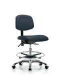 Vinyl Chair Chrome - Medium Bench Height with Chrome Foot Ring & Casters in Imperial Blue Trailblazer Vinyl VMBCH-CR-T0-A0-CF-CC-8582
