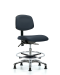 Vinyl Chair Chrome - Medium Bench Height with Chrome Foot Ring & Casters in Imperial Blue Trailblazer Vinyl VMBCH-CR-T0-A0-CF-RG-8582