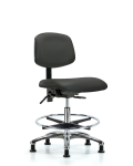Vinyl Chair Chrome - Medium Bench Height with Chrome Foot Ring & Casters in Charcoal Trailblazer Vinyl VMBCH-CR-T0-A0-CF-RG-8605