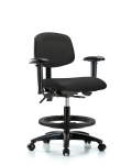 Vinyl Chair - Medium Bench Height with Adjustable Arms, Black Foot Ring, & Casters in Black Trailblazer Vinyl VMBCH-RG-T0-A1-BF-RC-8540