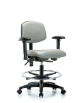 Vinyl Chair - Medium Bench Height with Adjustable Arms, Chrome Foot Ring, & Casters in Dove Trailblazer Vinyl VMBCH-RG-T0-A1-CF-RC-8567