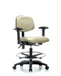 Vinyl Chair - Medium Bench Height with Seat Tilt, Adjustable Arms, Chrome Foot Ring, & Casters in Adobe White Trailblazer Vinyl VMBCH-RG-T1-A1-CF-RC-8501
