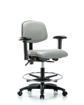 Vinyl Chair - Medium Bench Height with Seat Tilt, Adjustable Arms, Chrome Foot Ring, & Casters in Dove Trailblazer Vinyl VMBCH-RG-T1-A1-CF-RC-8567