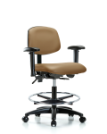 Vinyl Chair - Medium Bench Height with Seat Tilt, Adjustable Arms, Chrome Foot Ring, & Casters in Taupe Trailblazer Vinyl VMBCH-RG-T1-A1-CF-RC-8584