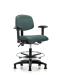 Vinyl Chair - Medium Bench Height with Seat Tilt, Adjustable Arms, Chrome Foot Ring, & Stationary Glides in Colonial Blue Trailblazer Vinyl VMBCH-RG-T1-A1-CF-RG-8546