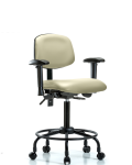 Vinyl Chair - Medium Bench Height with Round Tube Base, Seat Tilt, Adjustable Arms, & Casters in Adobe White Trailblazer Vinyl VMBCH-RT-T1-A1-RC-8501