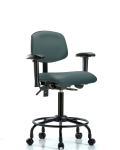 Vinyl Chair - Medium Bench Height with Round Tube Base, Seat Tilt, Adjustable Arms, & Casters in Colonial Blue Trailblazer Vinyl VMBCH-RT-T1-A1-RC-8546