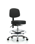 Vinyl Stool with Back Chrome - Medium Bench Height with Chrome Foot Ring & Casters in Black Trailblazer Vinyl VMBST-CR-T0-CF-CC-8540