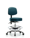 Vinyl Stool with Back Chrome - Medium Bench Height with Chrome Foot Ring & Casters in Marine Blue Supernova Vinyl VMBST-CR-T0-CF-CC-8801
