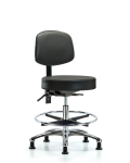 Vinyl Stool with Back Chrome - Medium Bench Height with Chrome Foot Ring & Stationary Glides in Carbon Supernova Vinyl VMBST-CR-T0-CF-RG-8823