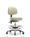 Vinyl Stool with Back Chrome - Medium Bench Height with Seat Tilt, Chrome Foot Ring, & Casters in Adobe White Trailblazer Vinyl VMBST-CR-T1-CF-CC-8501