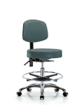 Vinyl Stool with Back Chrome - Medium Bench Height with Seat Tilt, Chrome Foot Ring, & Casters in Colonial Blue Trailblazer Vinyl VMBST-CR-T1-CF-CC-8546