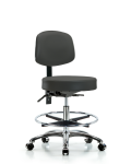 Vinyl Stool with Back Chrome - Medium Bench Height with Seat Tilt, Chrome Foot Ring, & Casters in Charcoal Trailblazer Vinyl VMBST-CR-T1-CF-CC-8605
