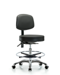 Vinyl Stool with Back Chrome - Medium Bench Height with Seat Tilt, Chrome Foot Ring, & Casters in Carbon Supernova Vinyl VMBST-CR-T1-CF-CC-8823