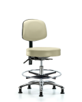 Vinyl Stool with Back Chrome - Medium Bench Height with Seat Tilt, Chrome Foot Ring, & Stationary Glides in Adobe White Trailblazer Vinyl VMBST-CR-T1-CF-RG-8501