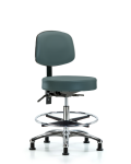 Vinyl Stool with Back Chrome - Medium Bench Height with Seat Tilt, Chrome Foot Ring, & Stationary Glides in Colonial Blue Trailblazer Vinyl VMBST-CR-T1-CF-RG-8546