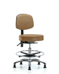 Vinyl Stool with Back Chrome - Medium Bench Height with Seat Tilt, Chrome Foot Ring, & Stationary Glides in Taupe Trailblazer Vinyl VMBST-CR-T1-CF-RG-8584