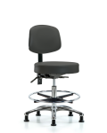 Vinyl Stool with Back Chrome - Medium Bench Height with Seat Tilt, Chrome Foot Ring, & Stationary Glides in Charcoal Trailblazer Vinyl VMBST-CR-T1-CF-RG-8605