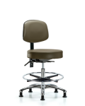 Vinyl Stool with Back Chrome - Medium Bench Height with Seat Tilt, Chrome Foot Ring, & Stationary Glides in Taupe Supernova Vinyl VMBST-CR-T1-CF-RG-8809