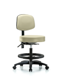 Vinyl Stool with Back - Medium Bench Height with Black Foot Ring & Casters in Adobe White Trailblazer Vinyl VMBST-RG-T0-BF-RC-8501