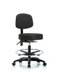 Vinyl Stool with Back - Medium Bench Height with Chrome Foot Ring & Casters in Black Trailblazer Vinyl VMBST-RG-T0-CF-RC-8540