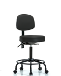 Vinyl Stool with Back - Medium Bench Height with Round Tube Base, Seat Tilt, & Casters in Black Trailblazer Vinyl VMBST-RT-T1-RC-8540