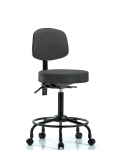 Vinyl Stool with Back - Medium Bench Height with Round Tube Base, Seat Tilt, & Casters in Charcoal Trailblazer Vinyl VMBST-RT-T1-RC-8605
