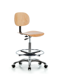 Wood Chair Chrome - High Bench Height with Chrome Foot Ring & Casters WHBCH-CR-CF-CC